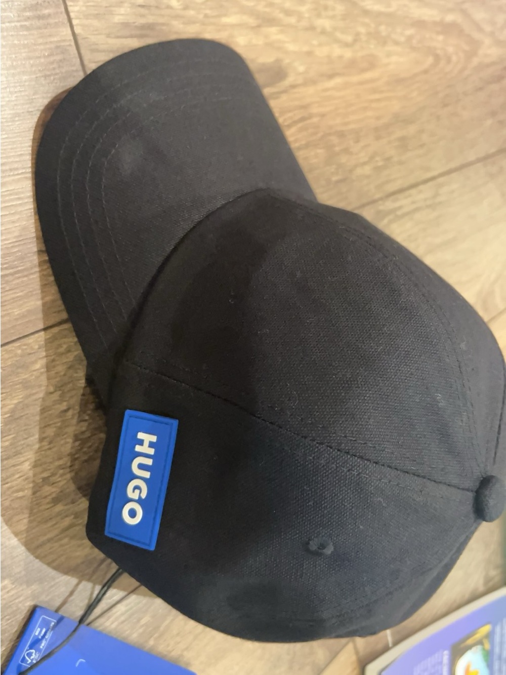 HUGO Black Baseball Cap with Blue Logo Patch